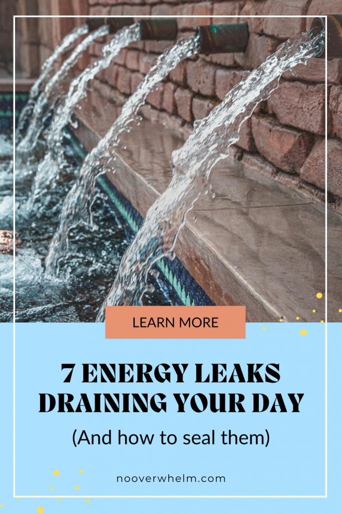 A Pinterest pin featuring flowing water streams from metal spouts in a brick wall, overlaid with the text “7 Energy Leaks Draining Your Day (And How to Seal Them)” and a call‑to‑action button.
